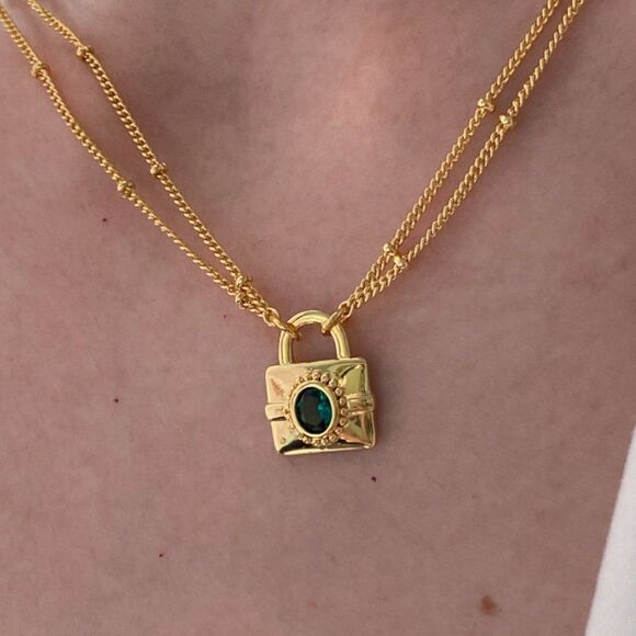 Dainty Gold Double-Layer Lock Pendant Necklace - Double Chain, Emerald Green - Picture 5 of 6